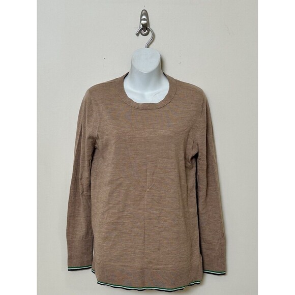 Banana Republic 100% Extra Fine Merino Wool Sweater Tan w/ Green Border Sz M EUC - Picture 1 of 4
